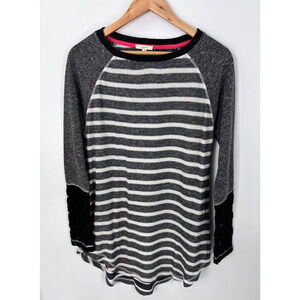 Mystree Terry Knit Top Gray Stripe Long Sleeve Lace Cuff Zip Hem Womens Small